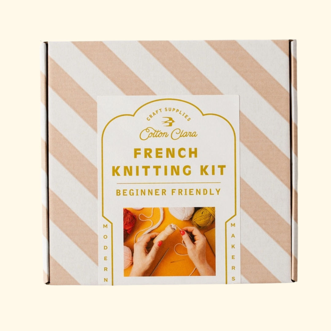 Cotton Clara French Knitting Kit in striped gift box packaging.