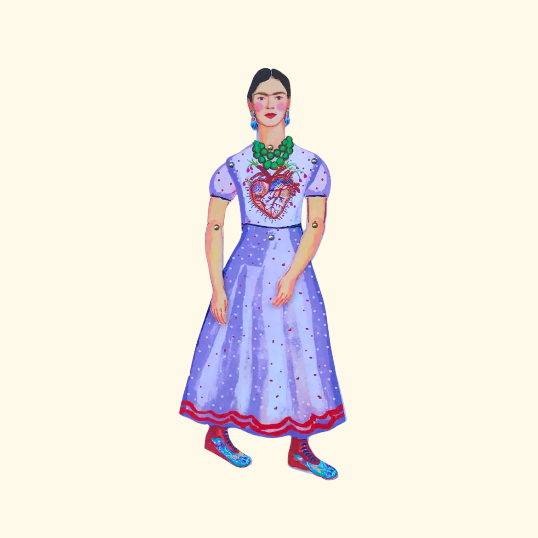 Finished Frida Kahlo articulated paper puppet from the Wini Tapp Cut & Make craft kit