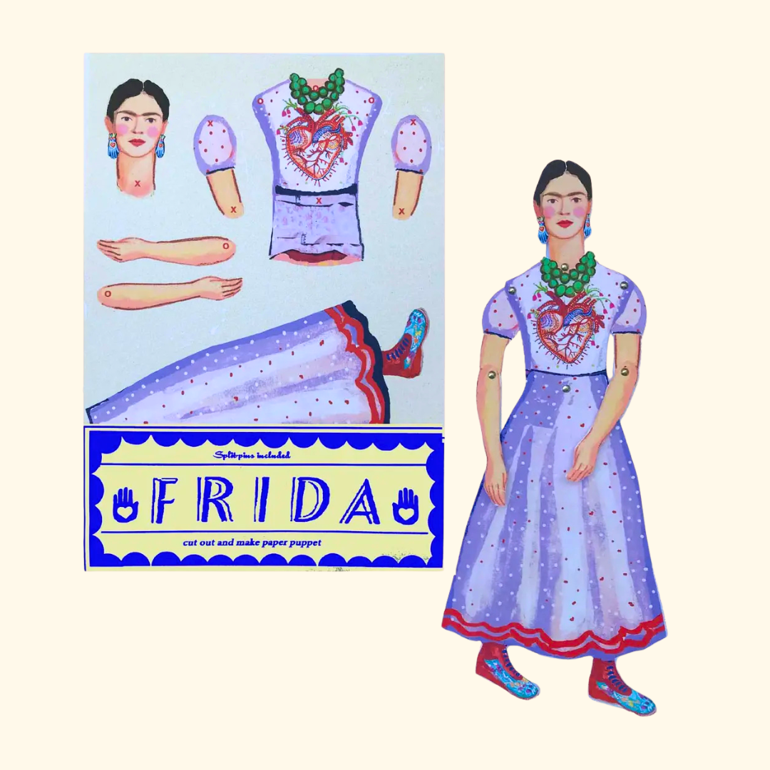 Frida Kahlo Cut & Make Paper Puppet Kit by Wini Tapp in illustrated packaging