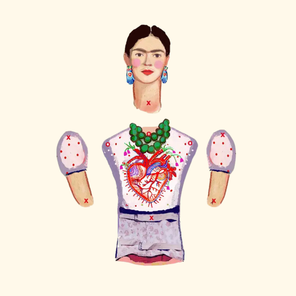 Frida Kahlo articulated paper puppet detail with floral headpiece and colourful outfit