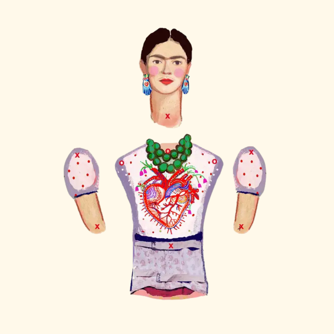 Frida Kahlo articulated paper puppet detail with floral headpiece and colourful outfit