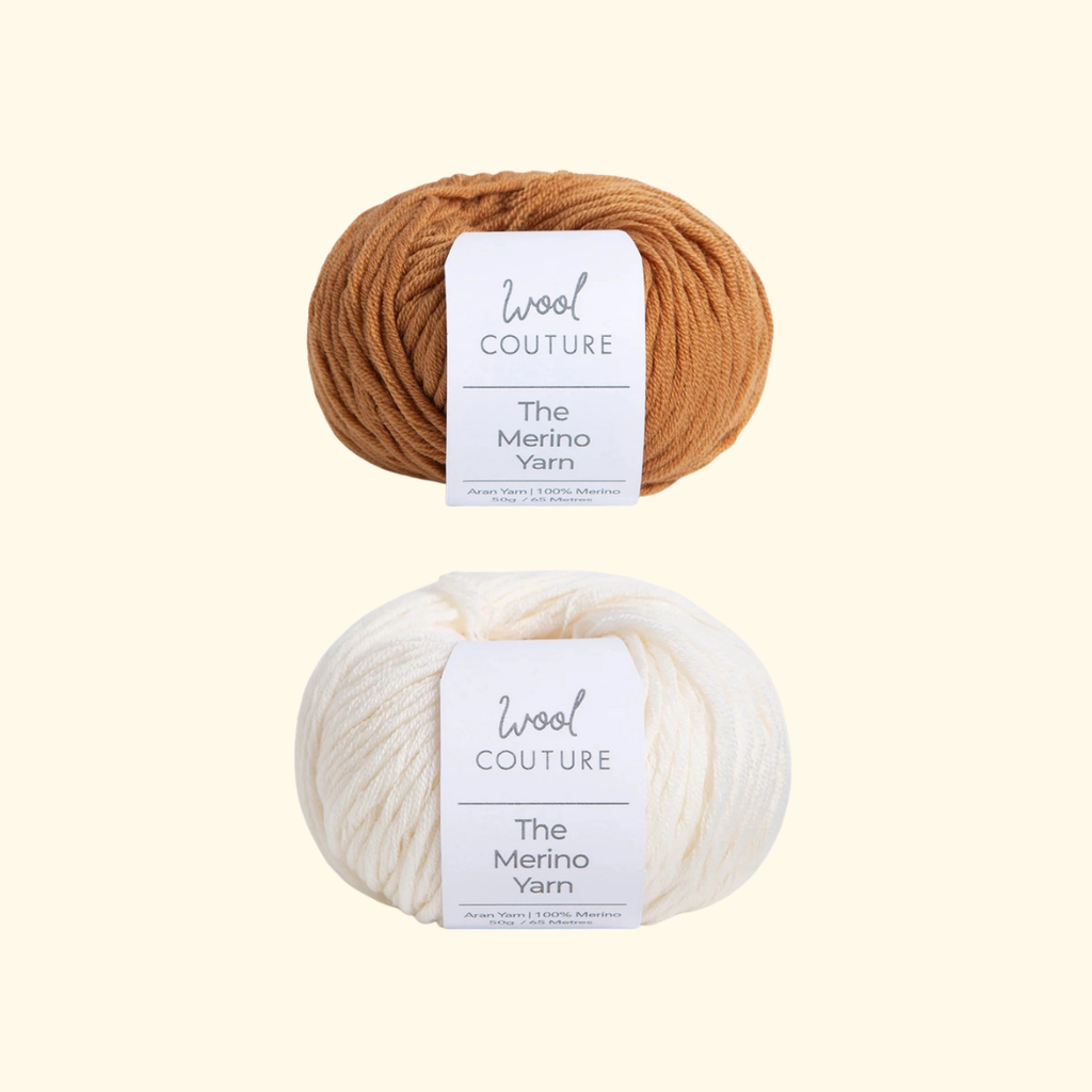 Natural and brown yarn included in the Wool Couture Gingerbread House Cushion Crochet Kit.