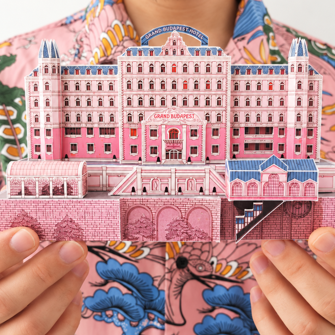 Completed Grand Budapest Hotel miniature paper model held in two hands, showing the detailed pink facade, blue roof and grand entrance of the fictional hotel from Wes Anderson's film.