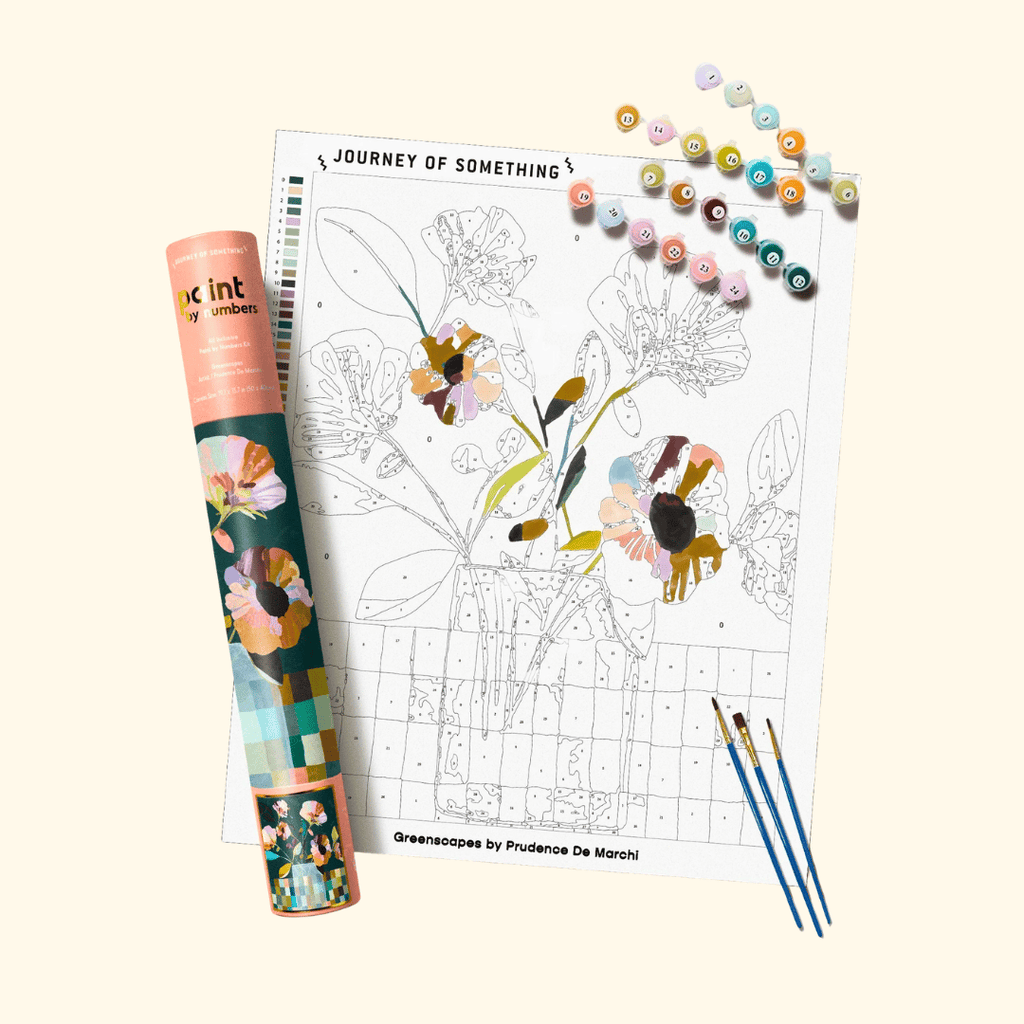 Greenscapes Paint by Numbers Kit by Journey of Something including numbered canvas, acrylic paints, paintbrushes and instruction guide.