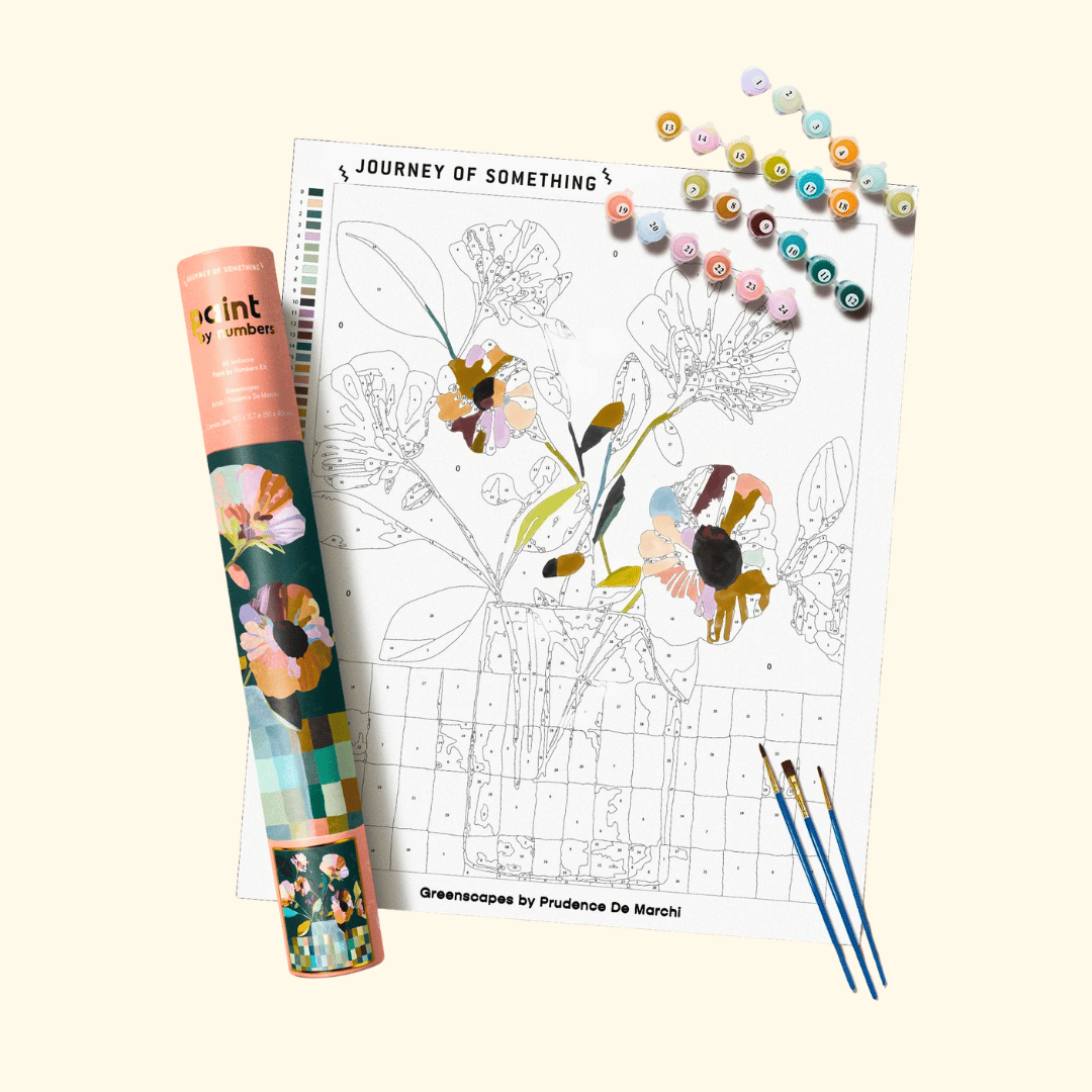 Greenscapes Paint by Numbers Kit by Journey of Something including numbered canvas, acrylic paints, paintbrushes and instruction guide.