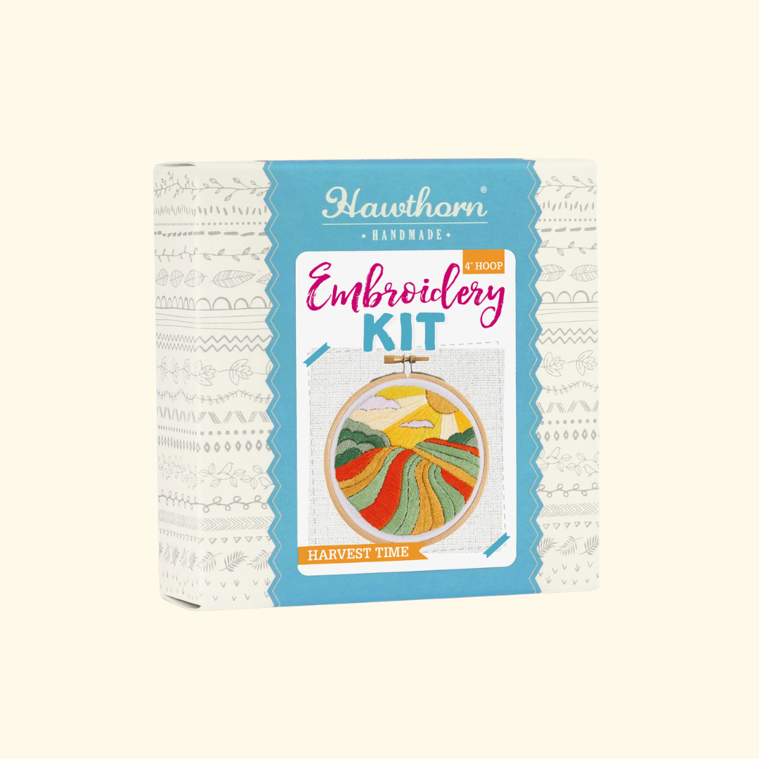 Harvest Time Mini Embroidery Kit by Hawthorn Handmade gift box showing the embroidery pattern and project details.