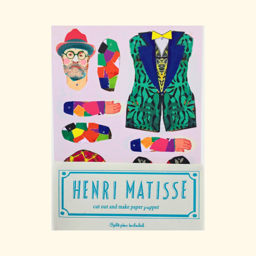 Henri Matisse Cut & Make Puppet Kit packaging by Wini Tapp featuring illustrated press-out paper pieces.