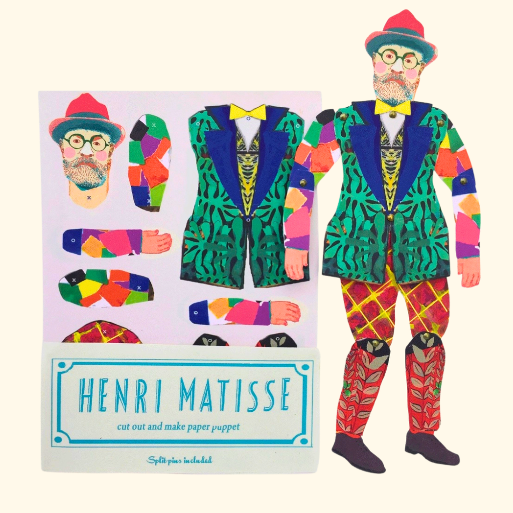 Henri Matisse Cut & Make Puppet Kit by Wini Tapp with illustrated artist puppet, clothing pieces and packaging.