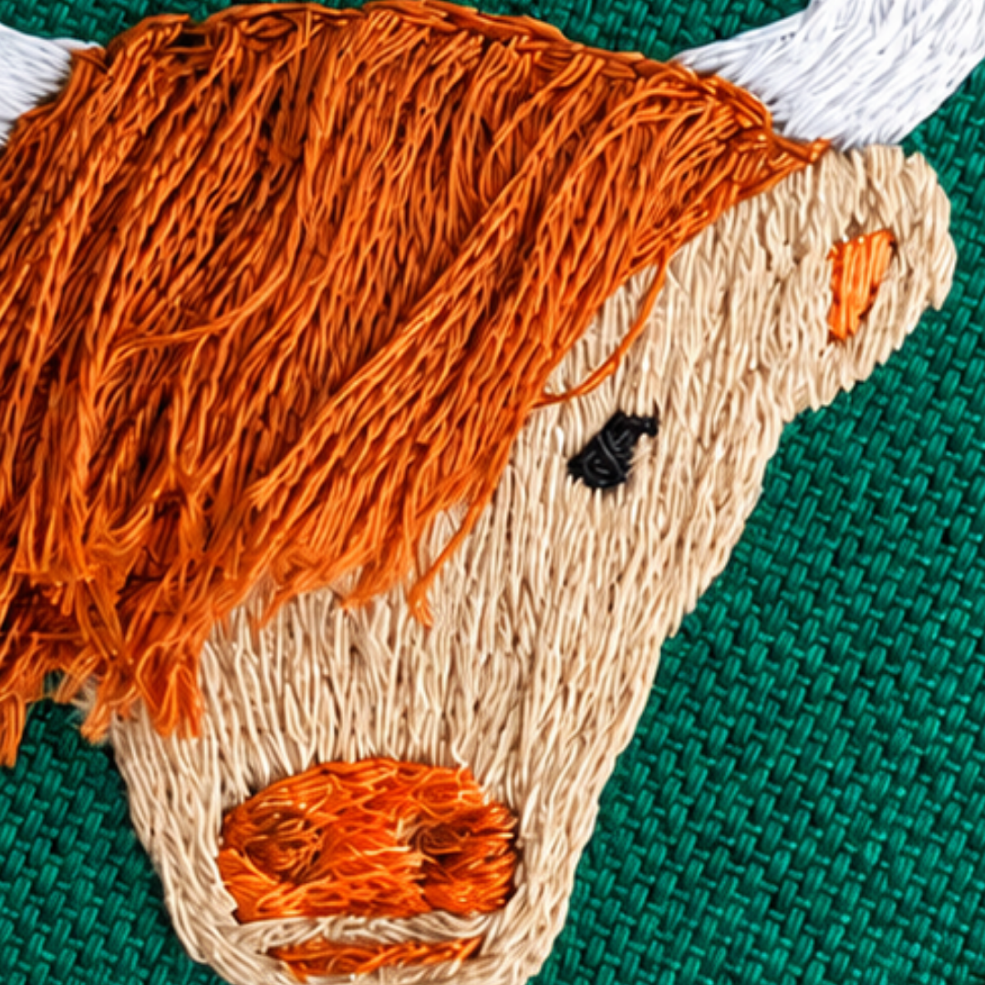 Close-up of the completed orange and white Highland cow embroidery stitched on green fabric.