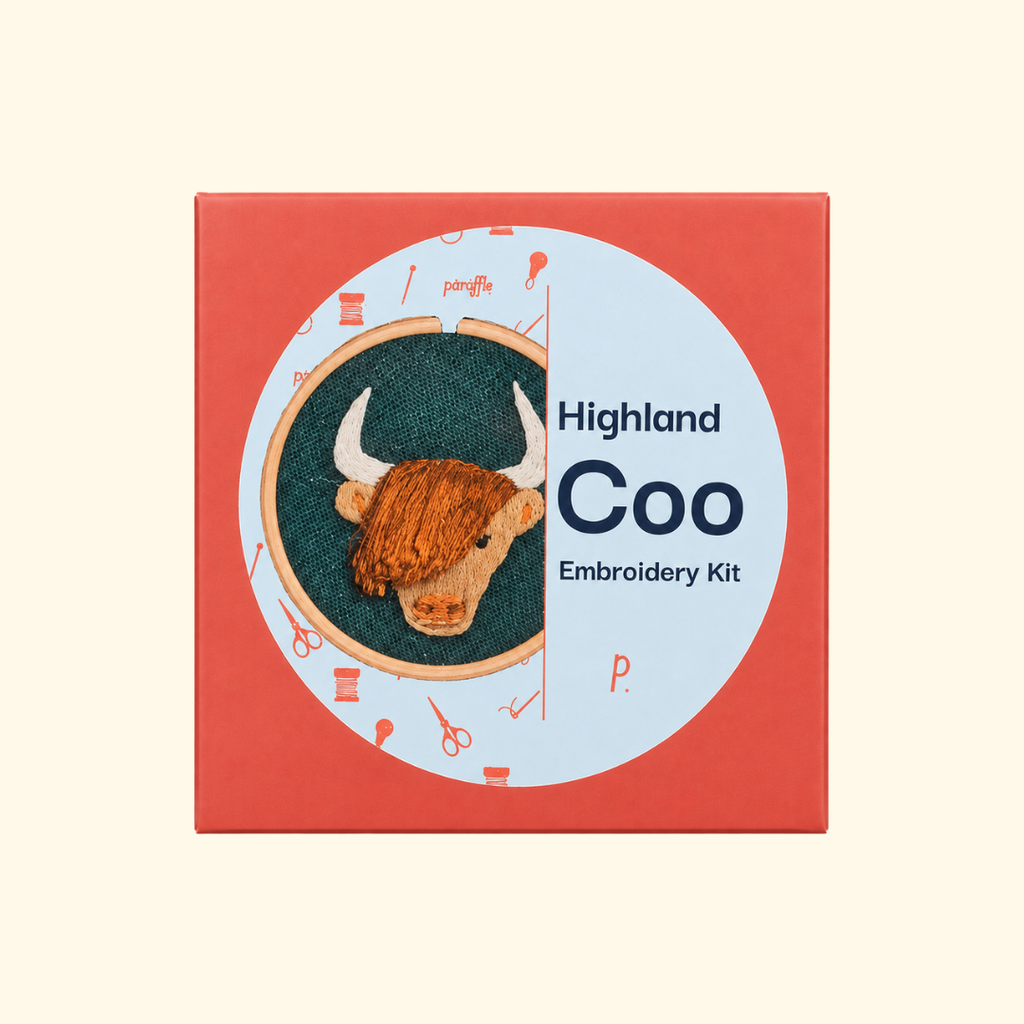 Paraffle Highland Coo Mini Embroidery Kit packaging featuring the completed Highland cow design.