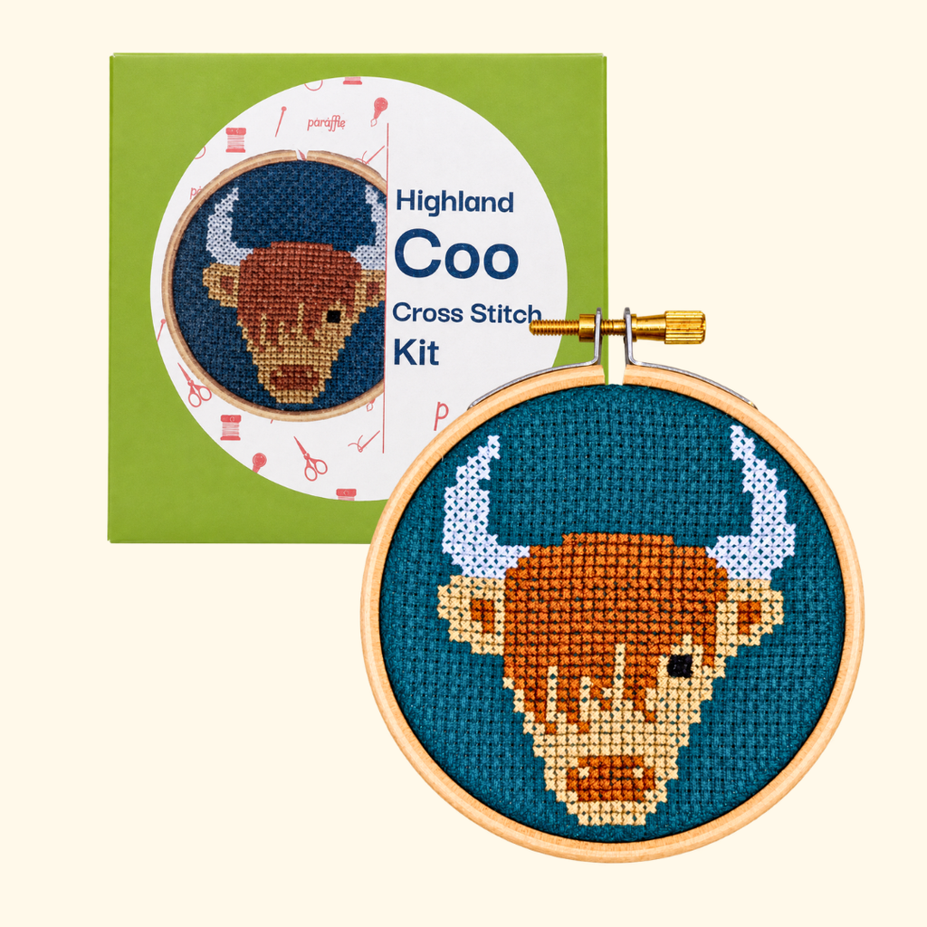 Highland cow mini cross stitch kit and finished design