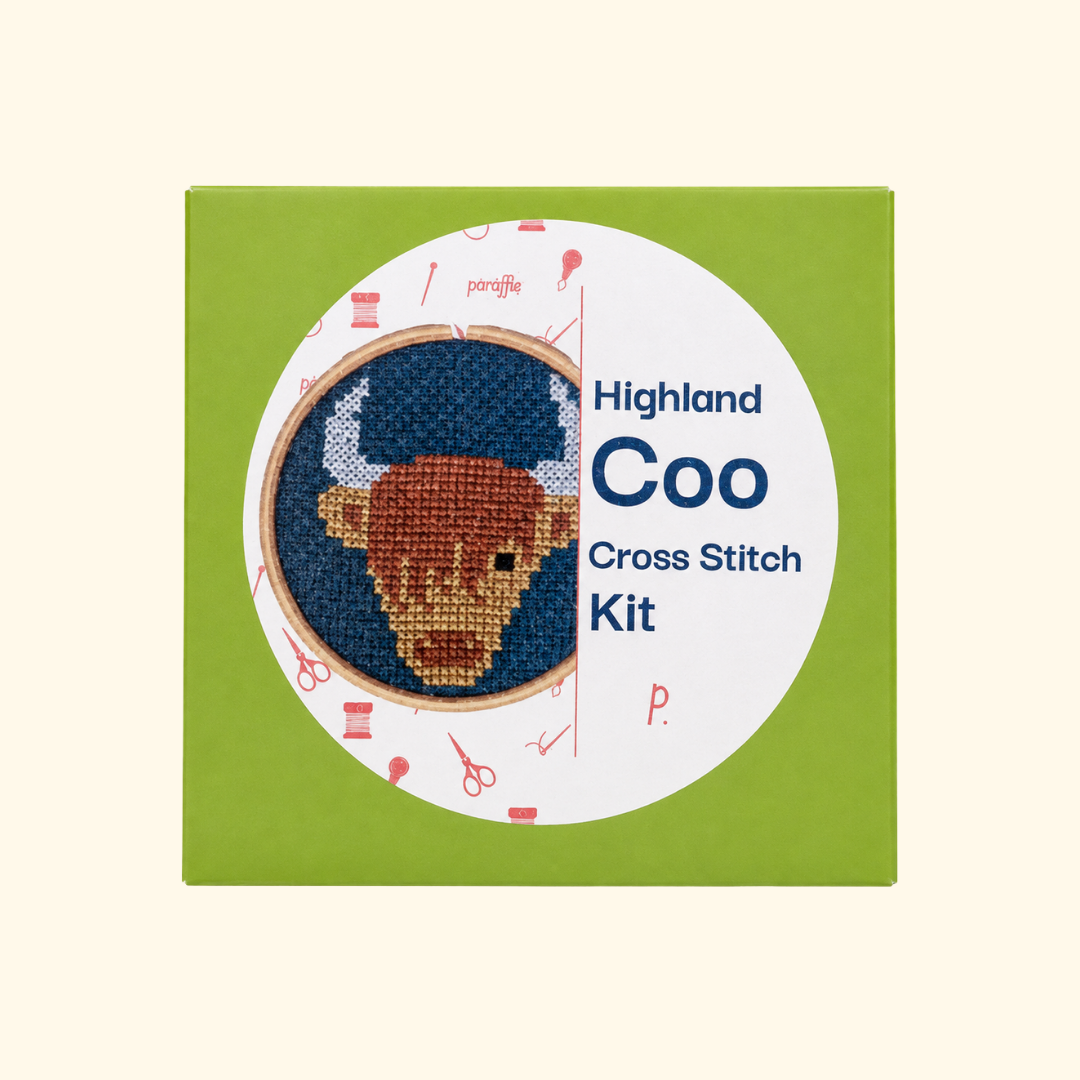 Highland cow mini cross stitch kit packaging