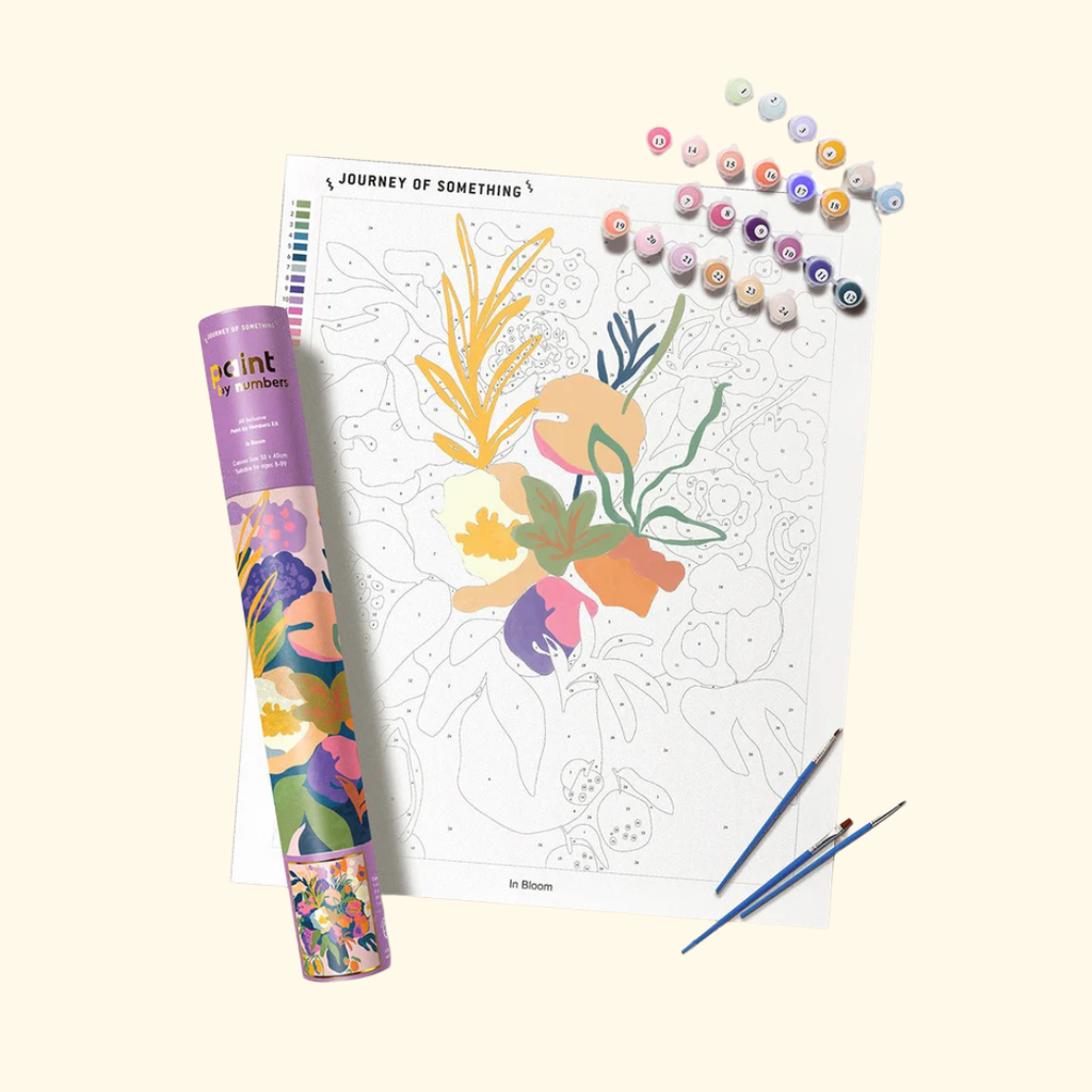 In Bloom paint by numbers kit contents including canvas, paints and brushes