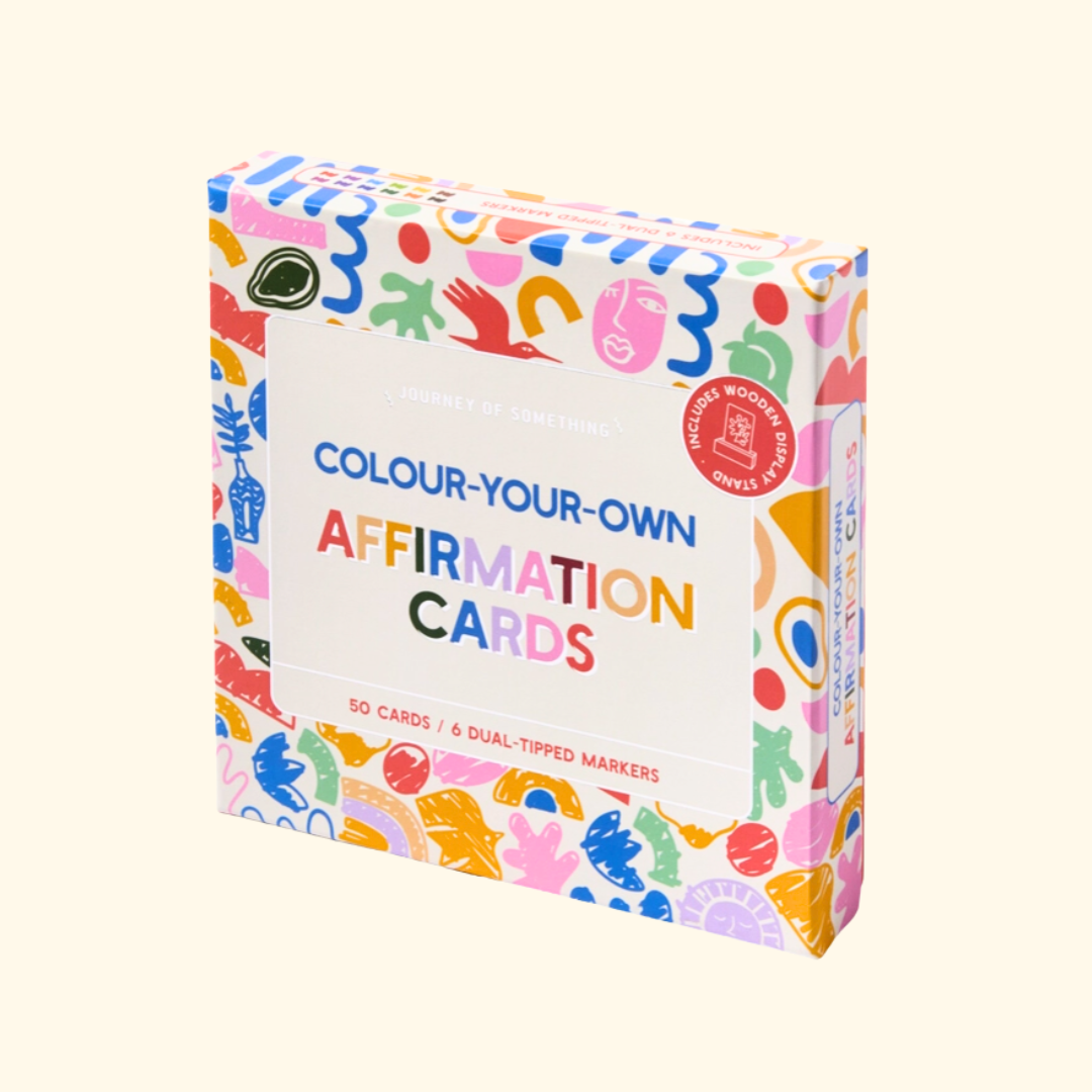 Inspire Me Colouring Affirmation Cards by Journey Of Something in colourful illustrated gift box packaging