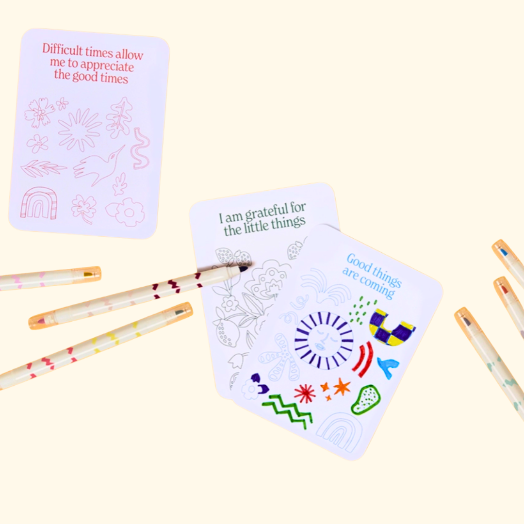 Inspire Me Colouring Affirmation Cards by Journey Of Something with colourful markers and affirmation cards