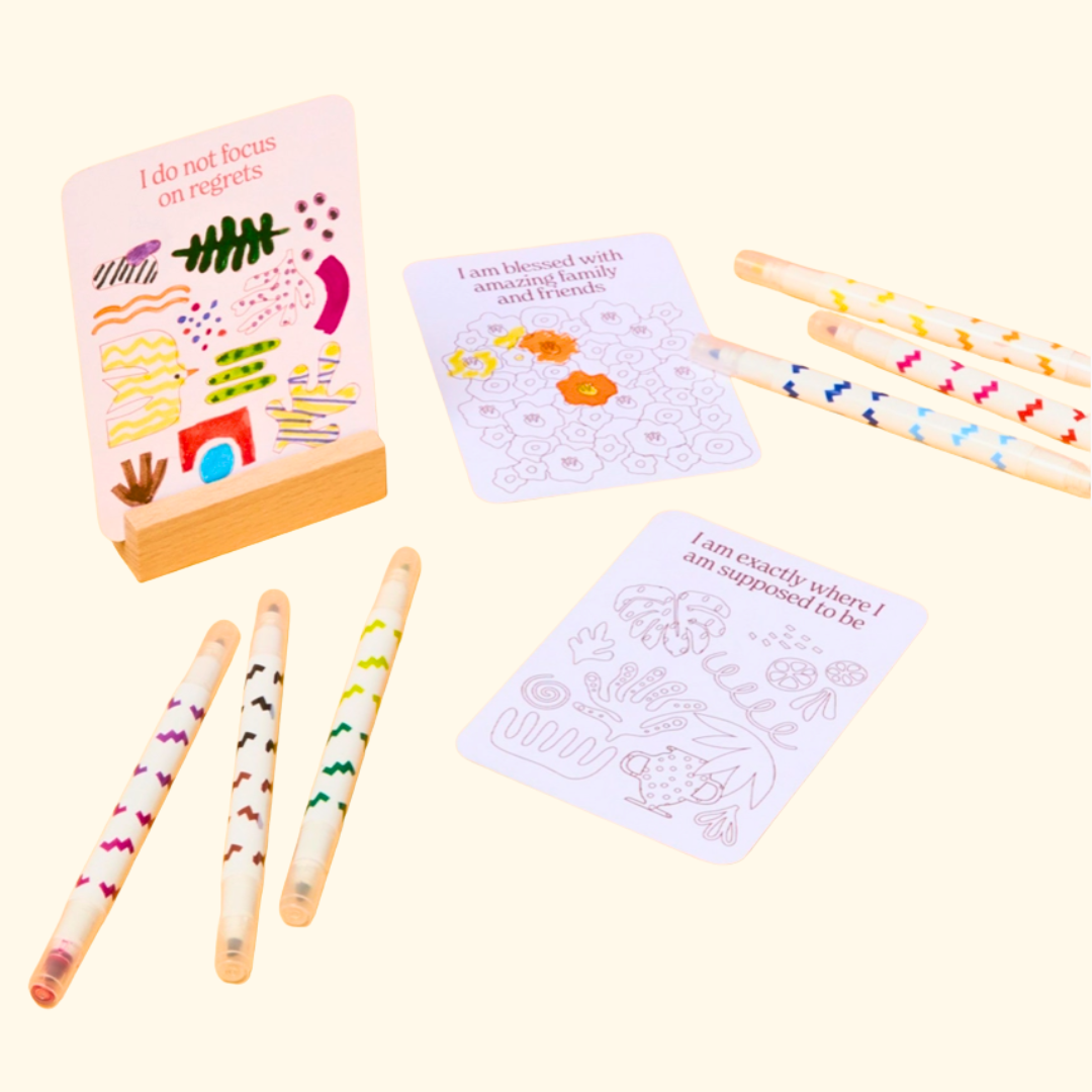 Journey Of Something Inspire Me Colouring Affirmation Cards set with colouring cards, markers and wooden display stand