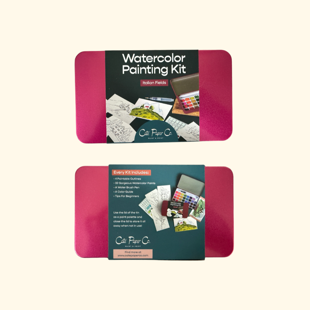 Front and back of the Italian Fields Watercolour Painting Kit by Cate Paper Co packaging displayed side by side.