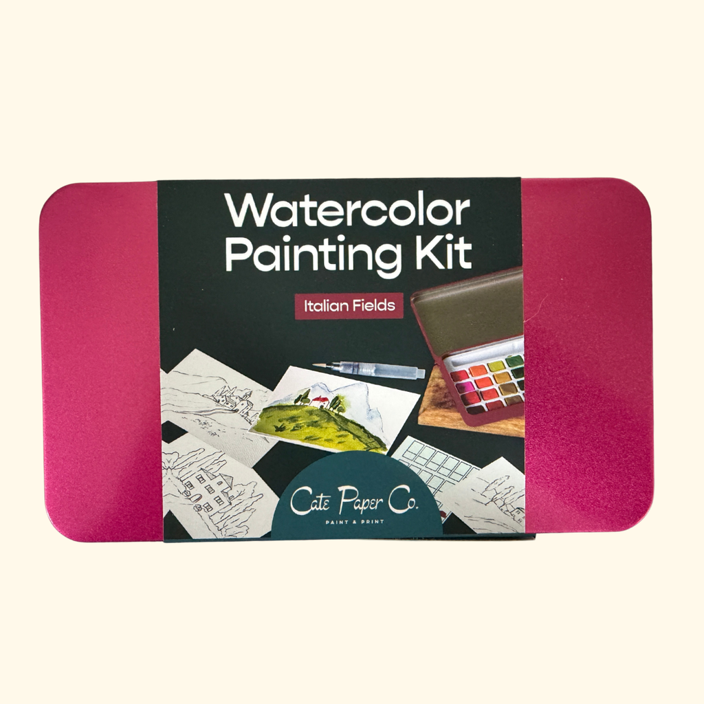 Italian Fields Watercolour Painting Kit by Cate Paper Co presented in its beautifully illustrated keepsake tin.
