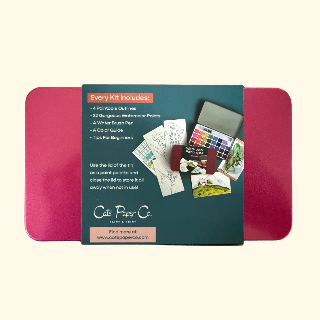 Close-up of the Italian Fields Watercolour Painting Kit by Cate Paper Co packaging highlighting the kit contents and product details.