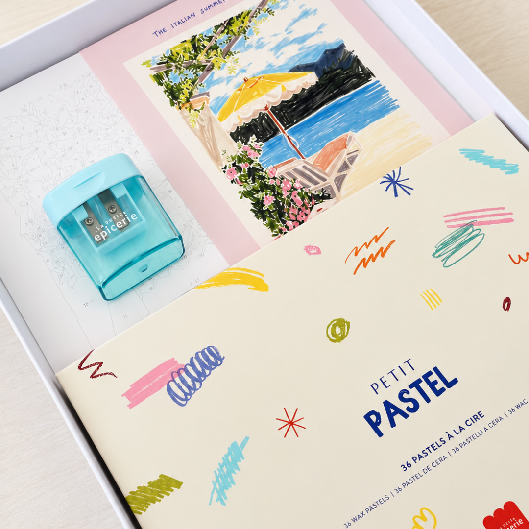 Italian Summer Pastels By Numbers Kit by La Petite Épicerie showing the illustrated activity sheet, colourful wax pastels and accompanying materials.