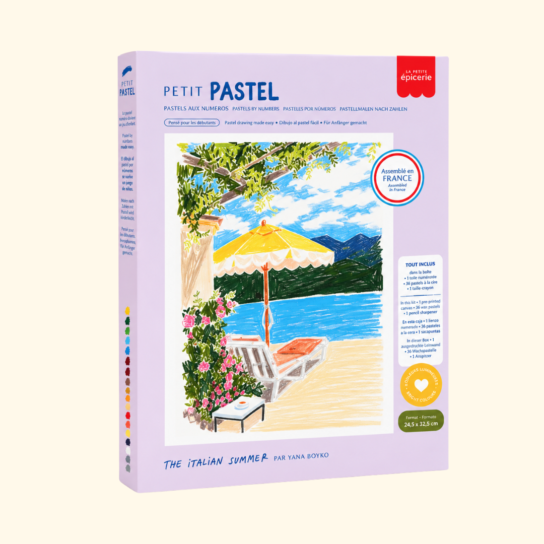 Italian Summer Pastels By Numbers Kit by La Petite Épicerie in its original packaging featuring the Italian seaside artwork.