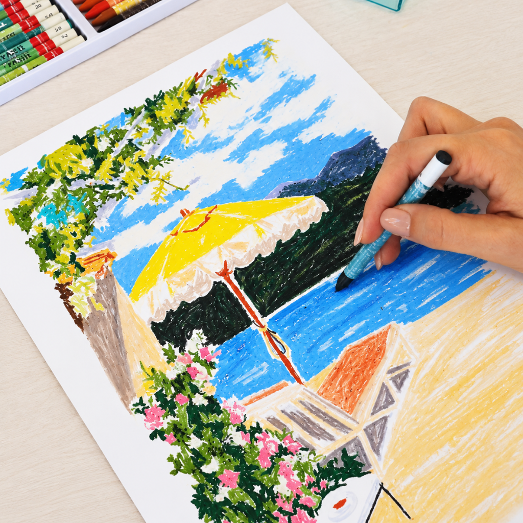 Close-up of the Italian Summer Pastels By Numbers artwork being coloured with oil pastels, showing a vibrant Mediterranean coastal scene.