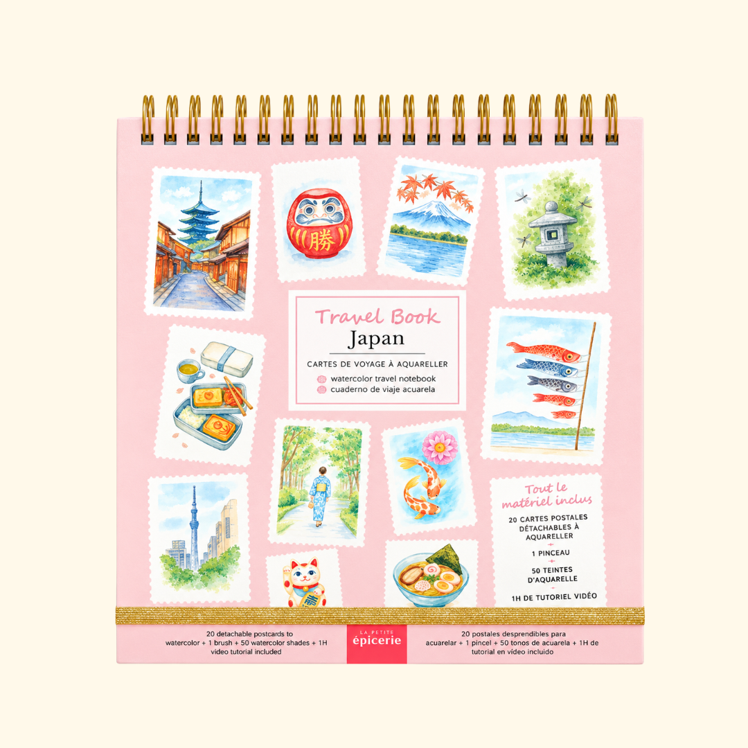 Japan Watercolour Travel Book by La Petite Epicerie featuring a spiral-bound painting book with colourful Japanese-inspired illustrations, including sushi, landscapes and traditional motifs.