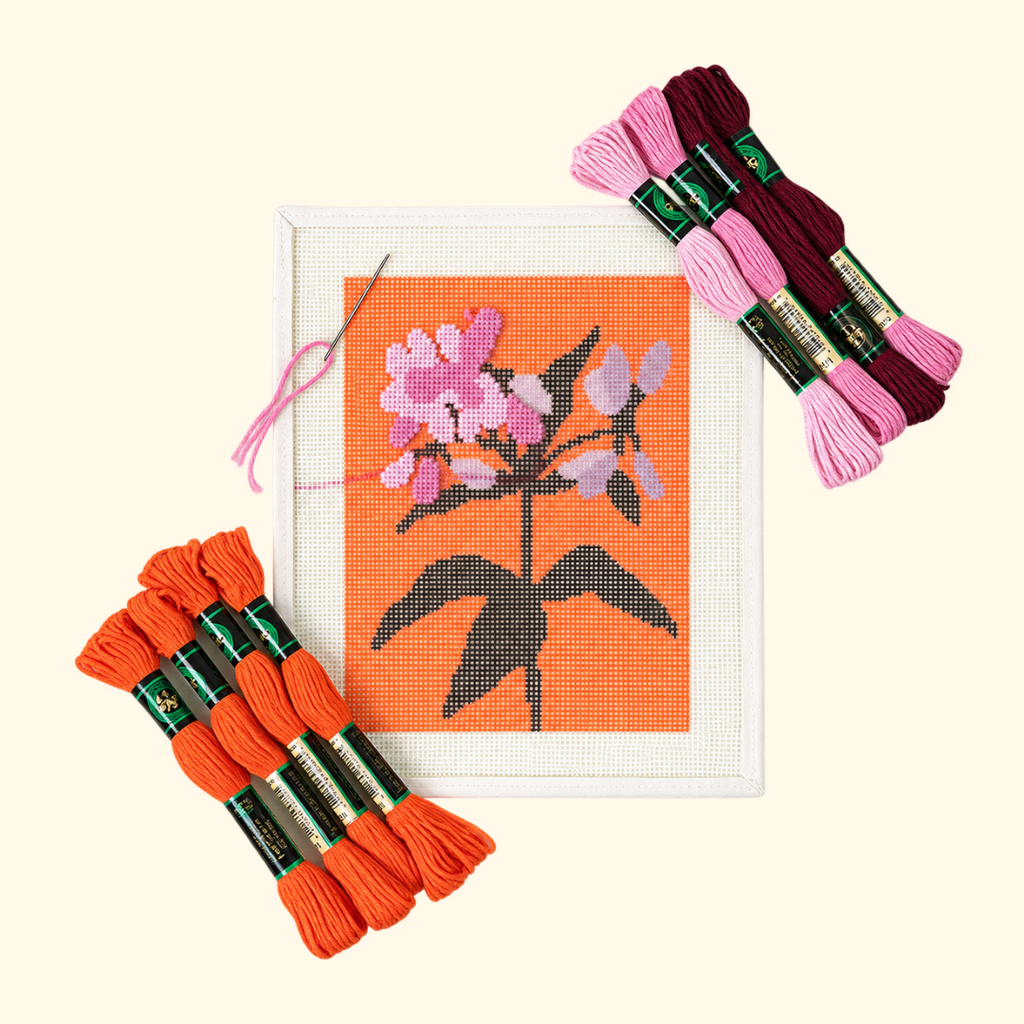 Joe Pye Weed Needlepoint Kit with pre-printed floral canvas and colourful DMC threads