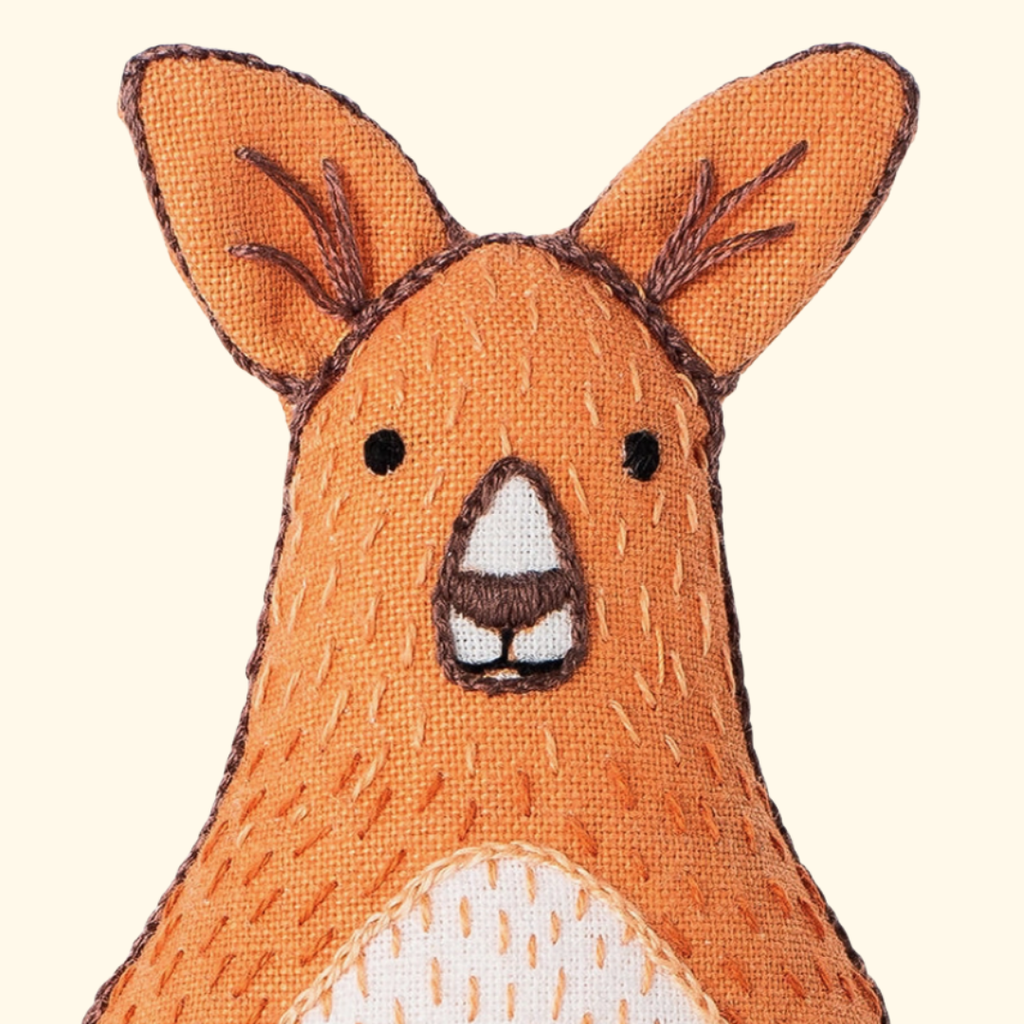 Close up of the finished kangaroo embroidery kit