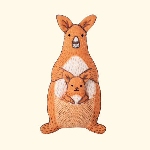 Finished kangaroo embroidery kit by Kiriki Press