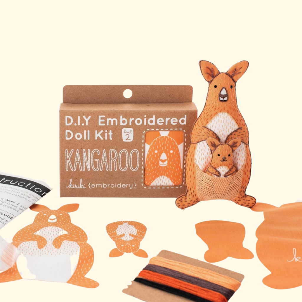 Contents of the Kiriki Press kangaroo embroidery kit