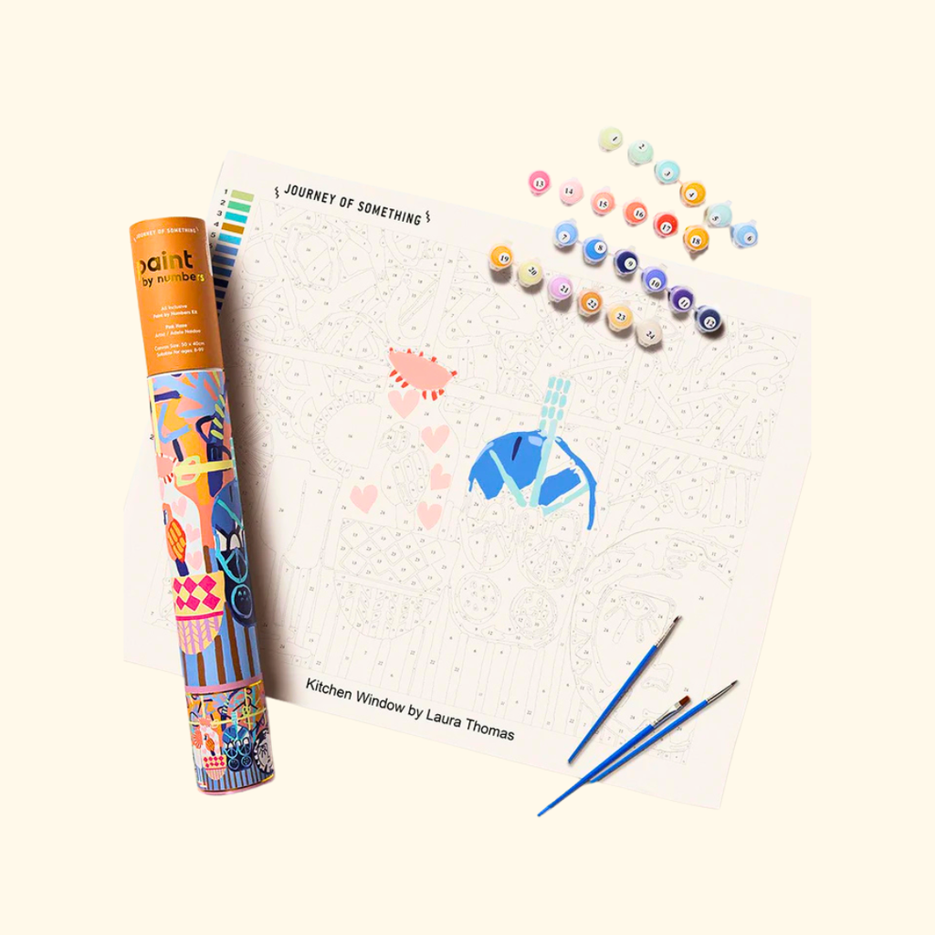 Kitchen Window paint by numbers kit contents including canvas, paints and brushes
