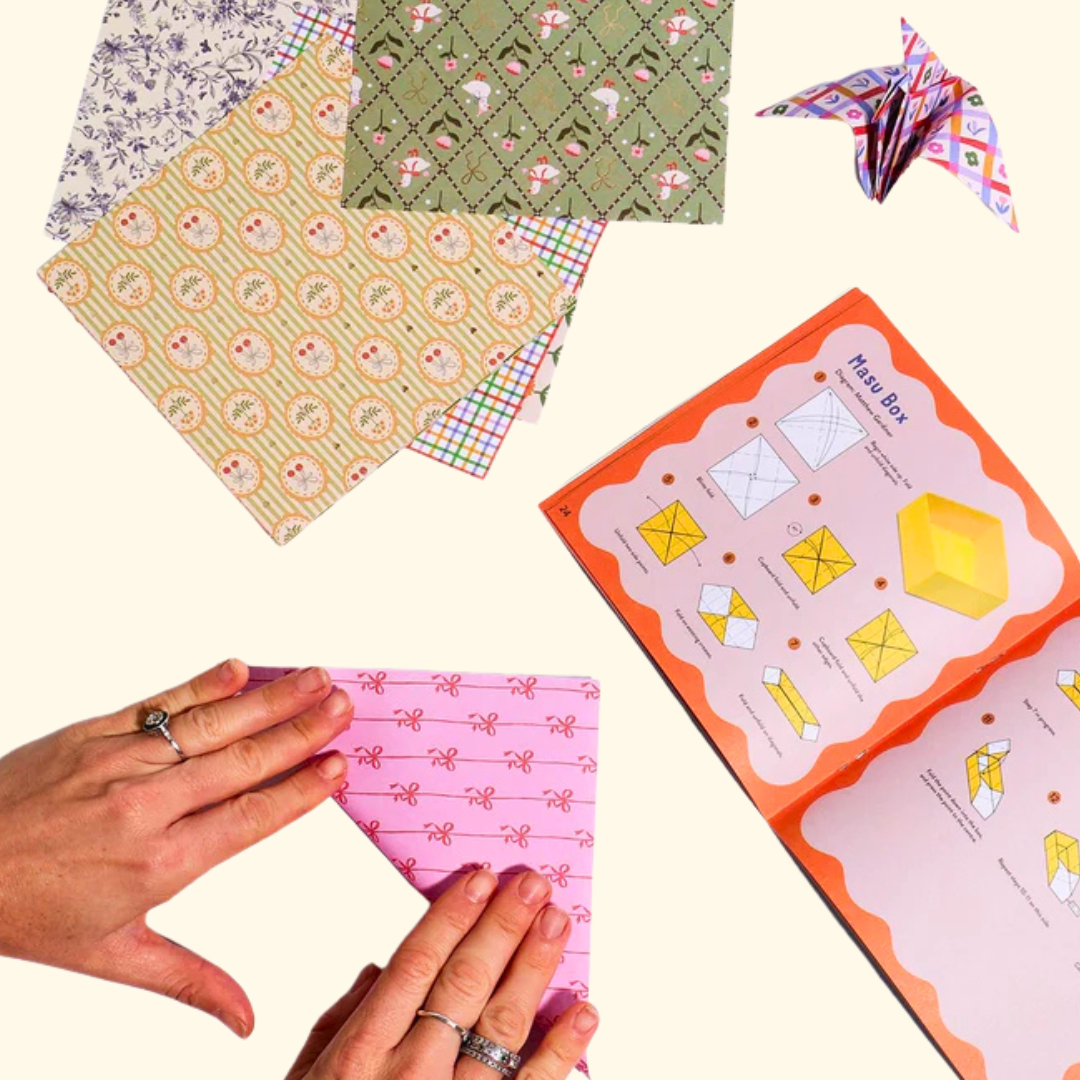 Folding origami paper using the Kitsch Patterns Origami Set instructions