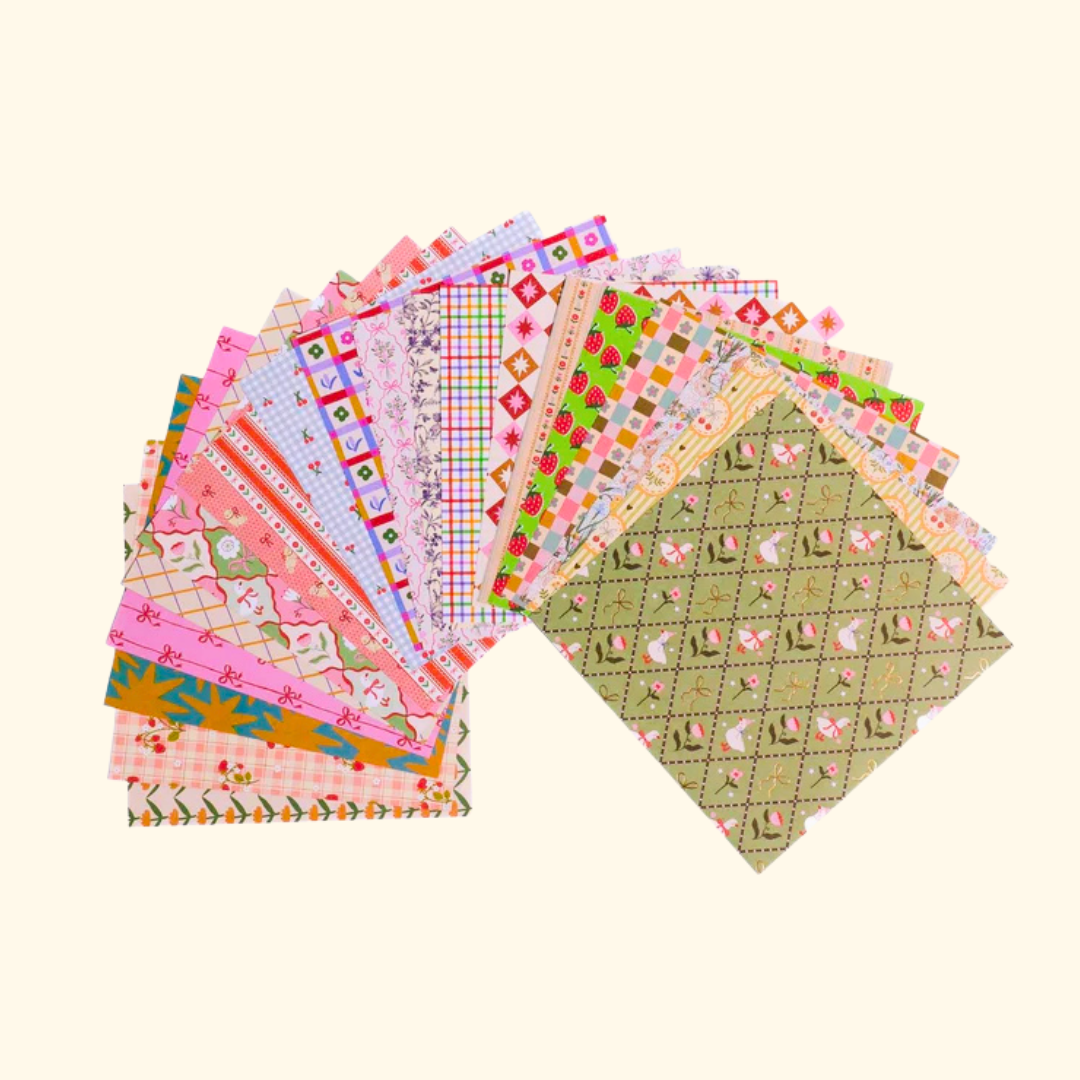 Colourful patterned origami papers included in the Kitsch Patterns Origami Set
