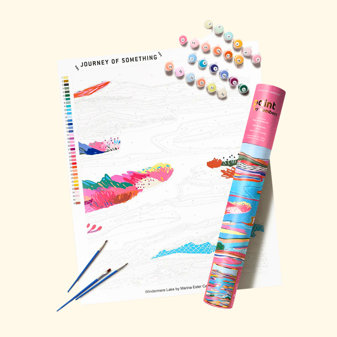 Included materials inside Lake Windemere Paint By Numbers Kit by Journey Of Something