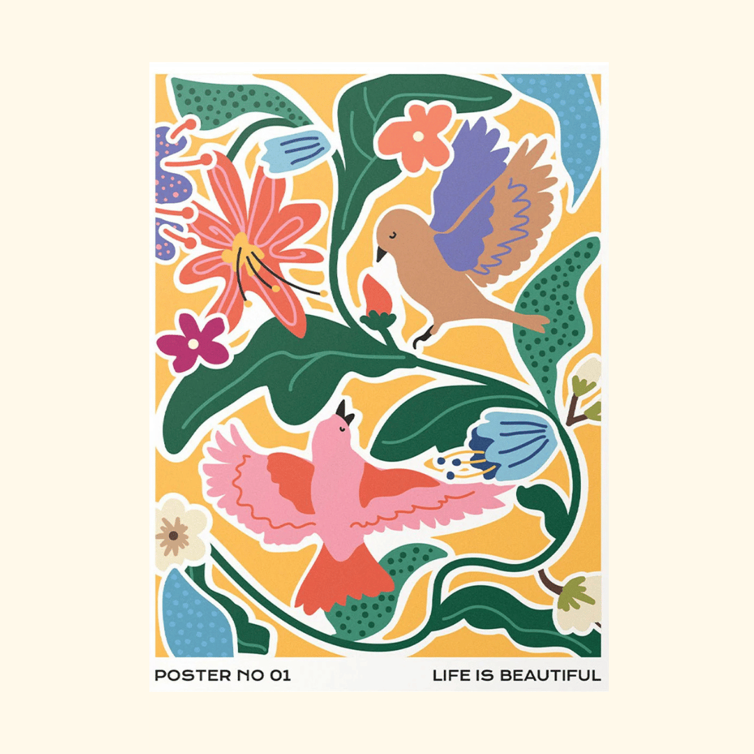 Life Is Beautiful Paint By Numbers Kit by Journey of Something featuring colourful birds and tropical flowers.