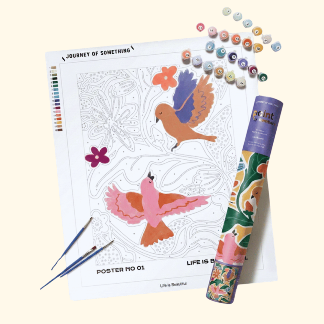 Life Is Beautiful Paint By Numbers Kit by Journey of Something including numbered canvas, acrylic paints, paintbrushes and packaging.