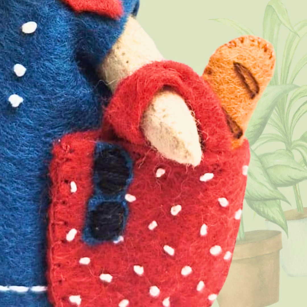Close up of decorative embroidery stitching on the dress of the Little Mouse In Paris felt craft kit by Corinne Lapierre.