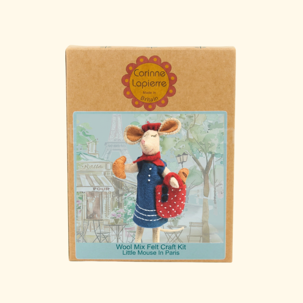 Little Mouse In Paris felt craft kit packaging by Corinne Lapierre showing the completed project and kit contents.