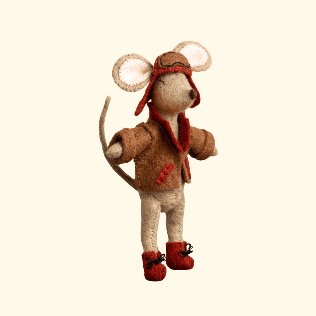 Completed Little Mouse Aviator felt mouse standing with a vintage pilot helmet, brown jacket and red felt boots.