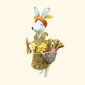 Completed felt mouse gardener carrying a woven basket filled with colourful vegetables and flowers.