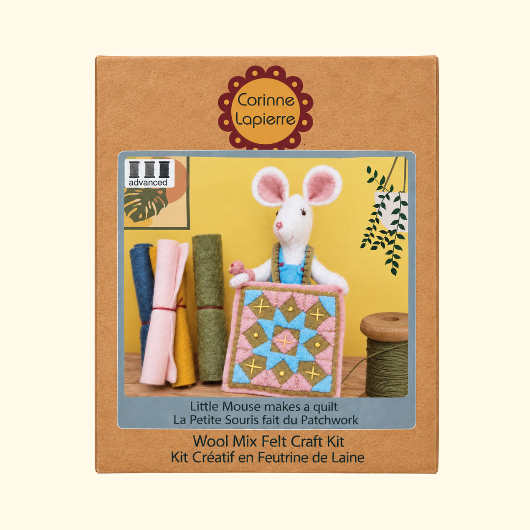 Corinne Lapierre Little Mouse The Quilter Felt Craft Kit in kraft box featuring the finished mouse and patchwork quilt design.