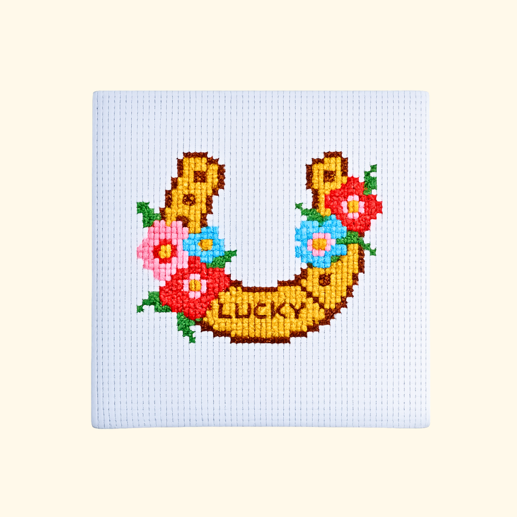 Completed Lucky Horseshoe Mini Cross Stitch Kit featuring a floral horseshoe design with bluebirds by The Make Arcade.