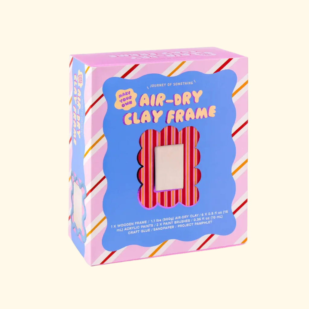 Make Your Own Air Dry Clay Frame craft kit box packaging by Journey Of Something featuring colourful striped design and air dry clay frame project.