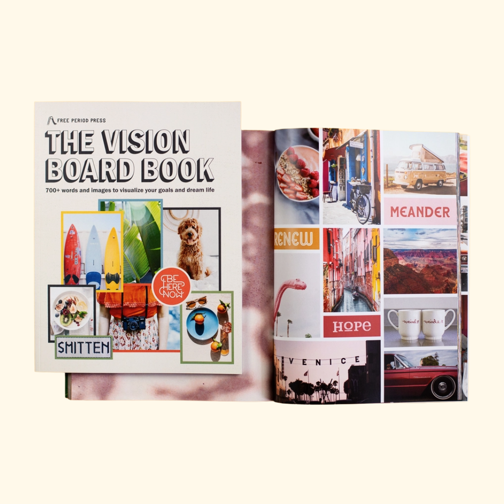 Make Your Own Vision Board Book displayed with interior pages filled with images and inspiration