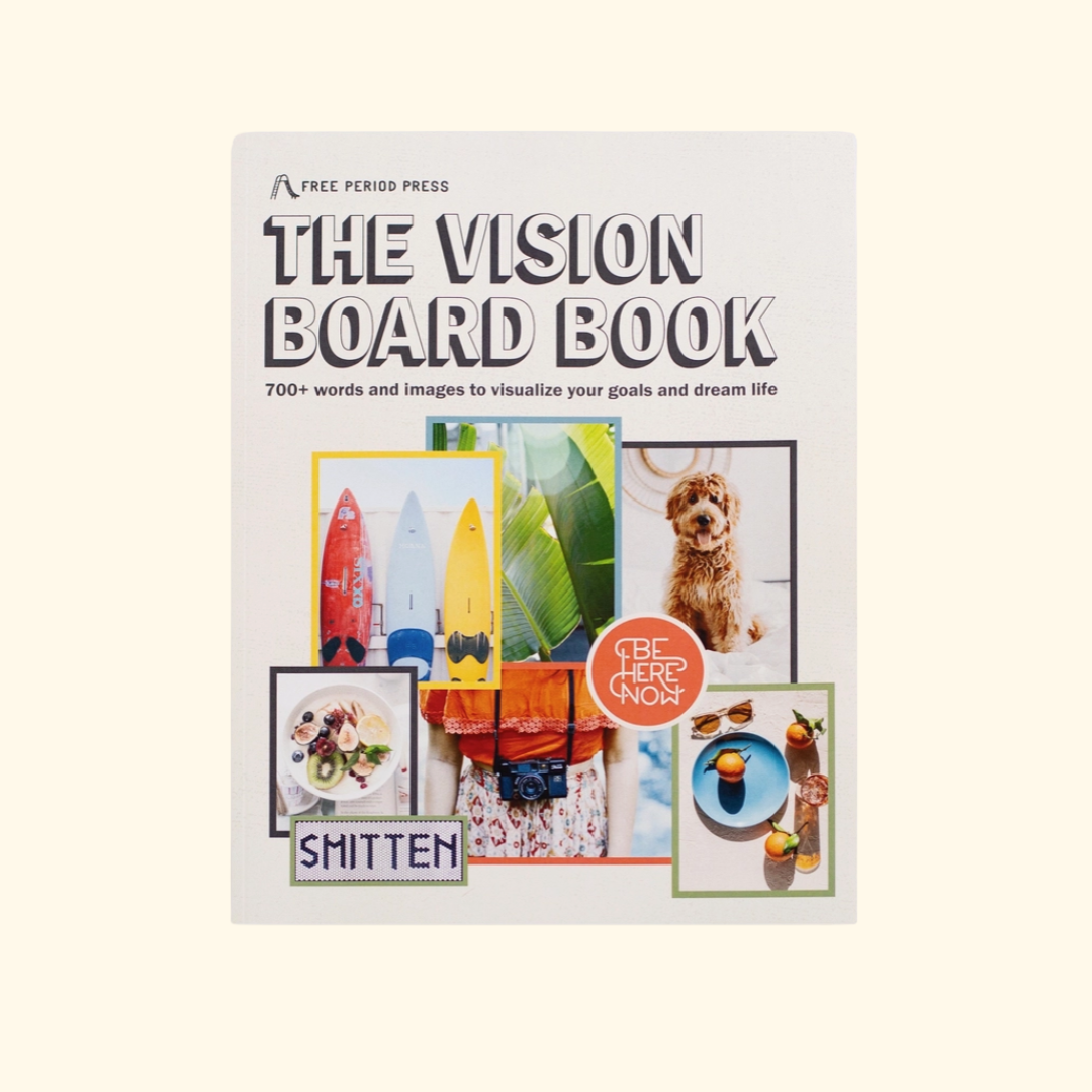 Front cover of Make Your Own Vision Board Book featuring curated imagery and prompts for goal setting and visualisation