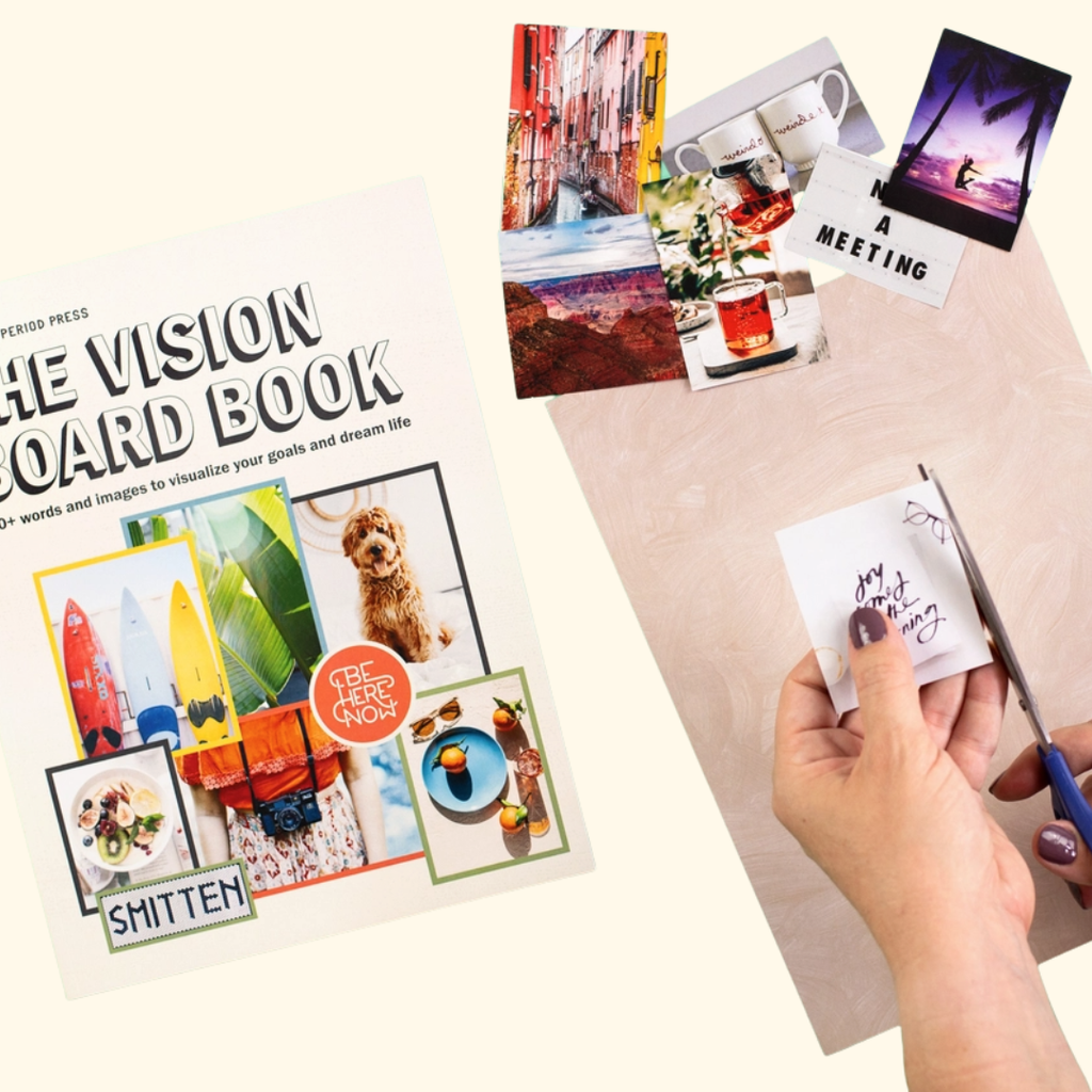 Make Your Own Vision Board Book displayed alongside vision board images and creative planning materials