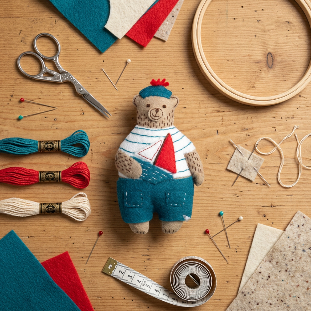 Marcel the Sailor Bear felt craft kit by Corinne Lapierre displayed with sewing materials and crafting tools.