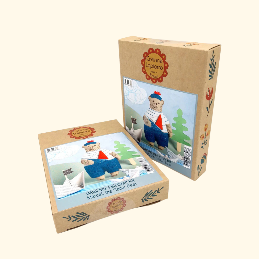 Marcel the Sailor Bear felt craft kit packaging by Corinne Lapierre showing the completed project and kit contents.