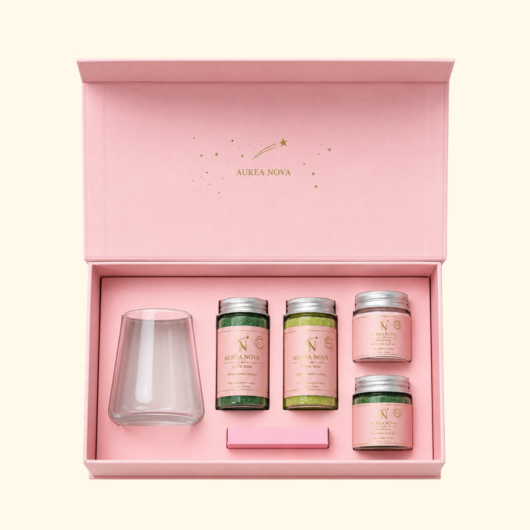 Aurea Nova Matcha Latte Sand Candle Making Kit with glass vessel, coloured sand wax, wicks and candle making supplies.